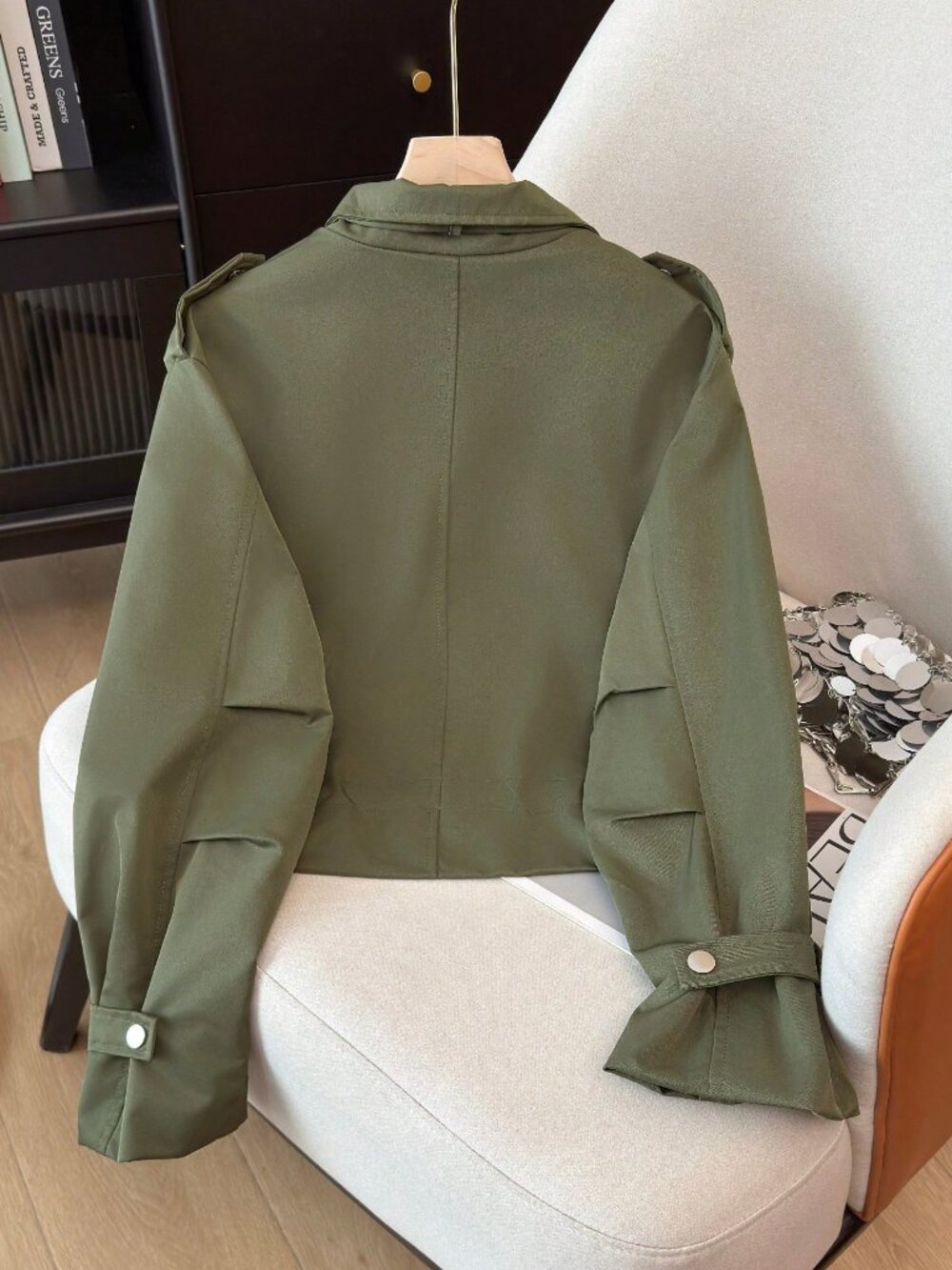 Army Green Women's Casual Multi-Pocket Funnel Neck Utility jacket - Picture 3 of 9